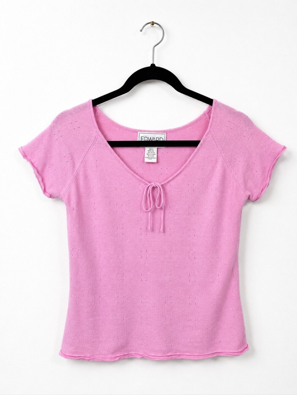 Vintage Y2K Edward Pink Silk Blend Pointelle Tie Front Sweater Coquette Medium